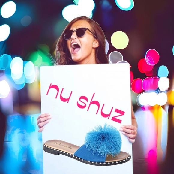 New Color! Turquoise Pom Pom Studded Flat Mule Sandals - Picture 6 of 6